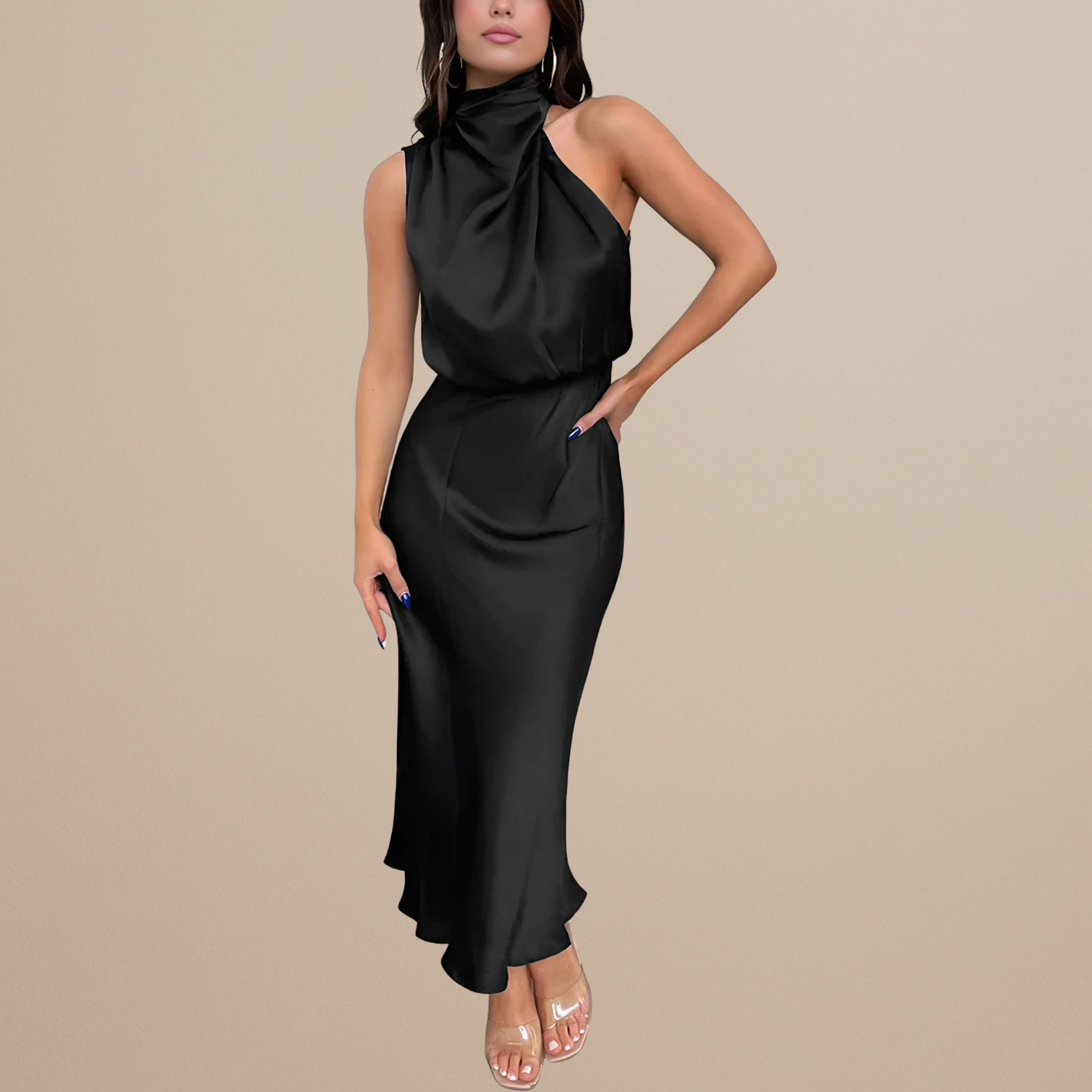 Satin Look Straight Cut Dress with Neckline