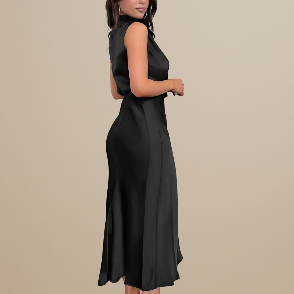 Satin Look Straight Cut Dress with Neckline