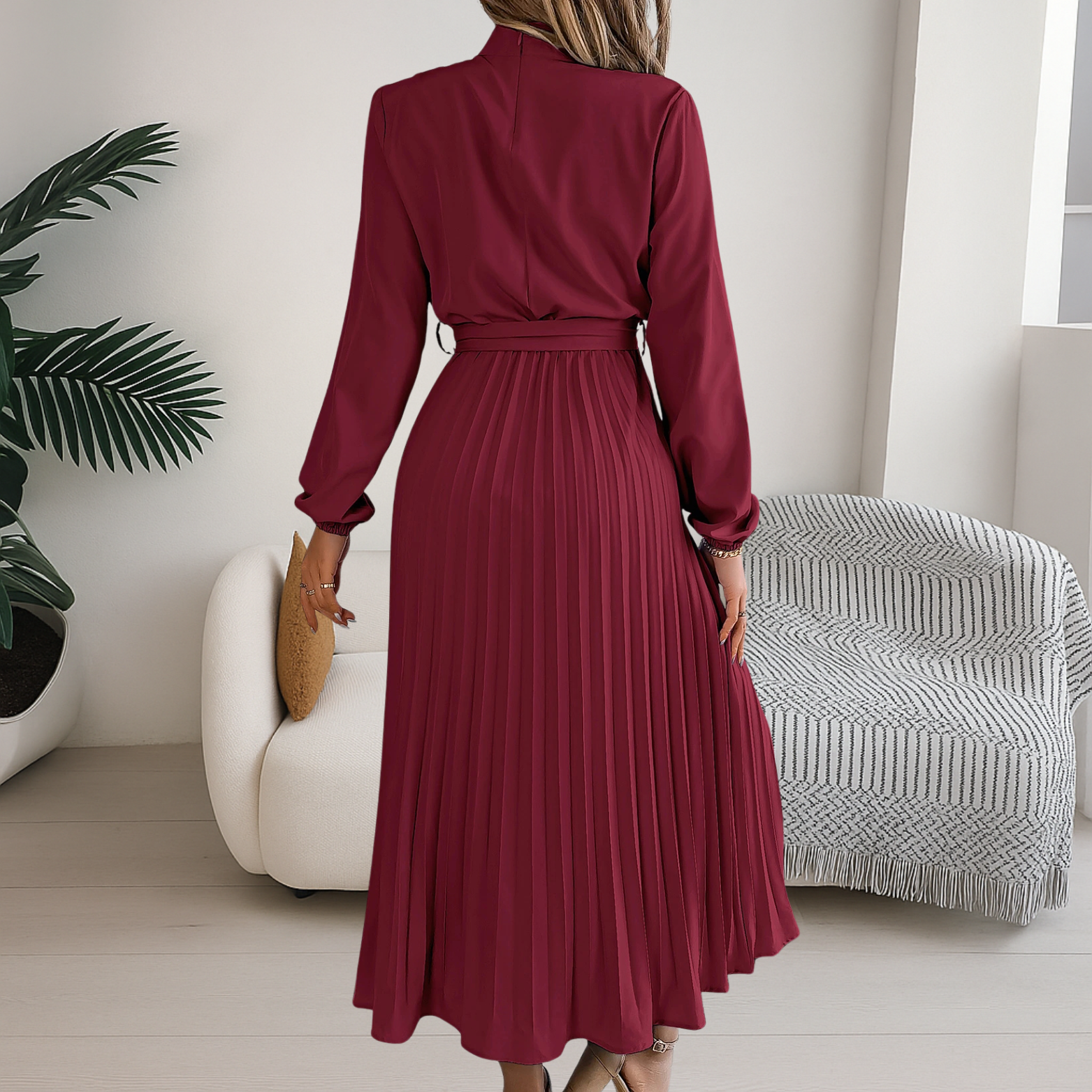 Women’s Midi Dress with Pleated Skirt and Tie Belt