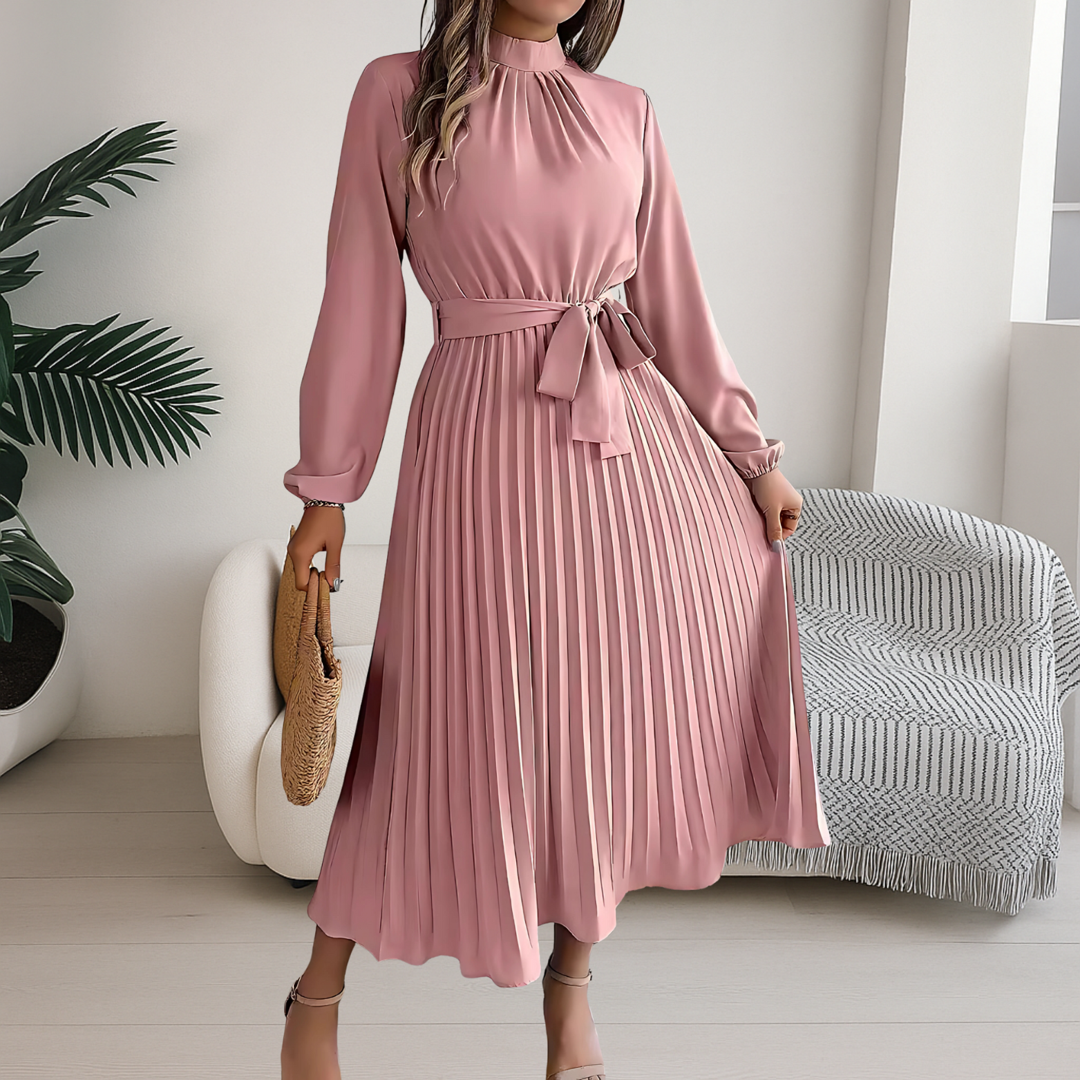 Women’s Midi Dress with Pleated Skirt and Tie Belt