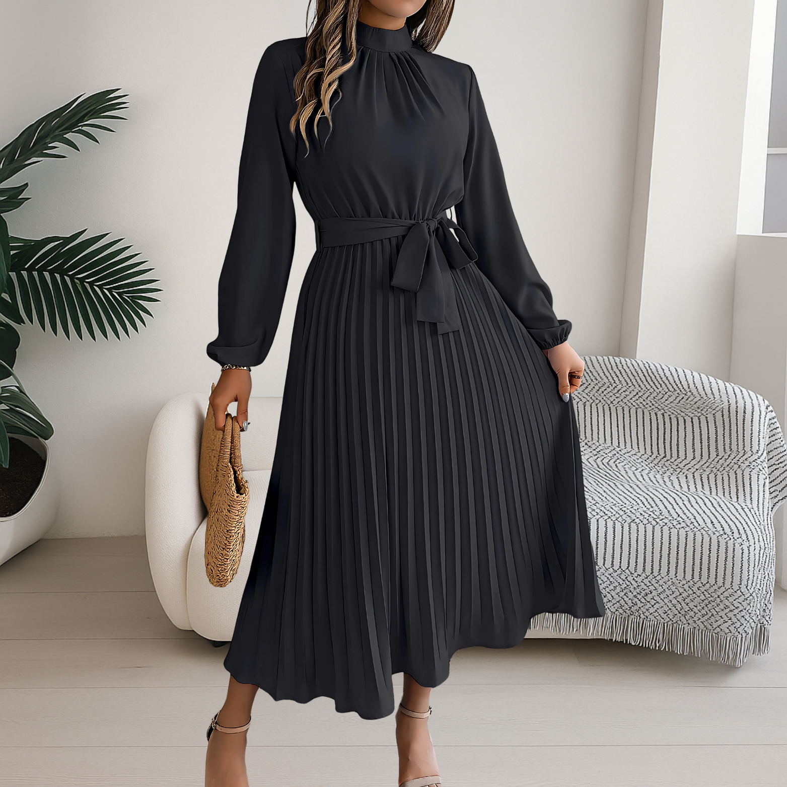 Women’s Midi Dress with Pleated Skirt and Tie Belt