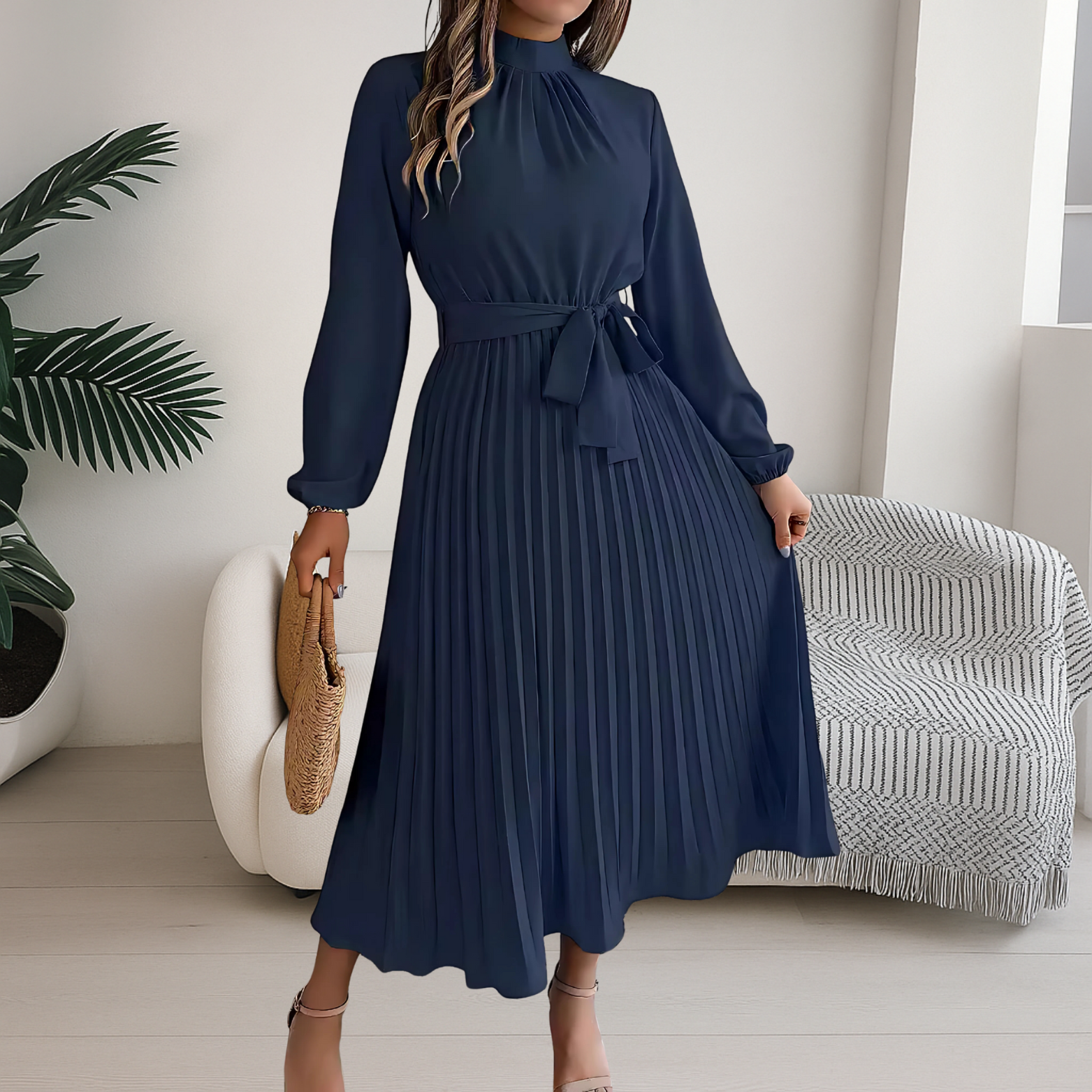 Women’s Midi Dress with Pleated Skirt and Tie Belt