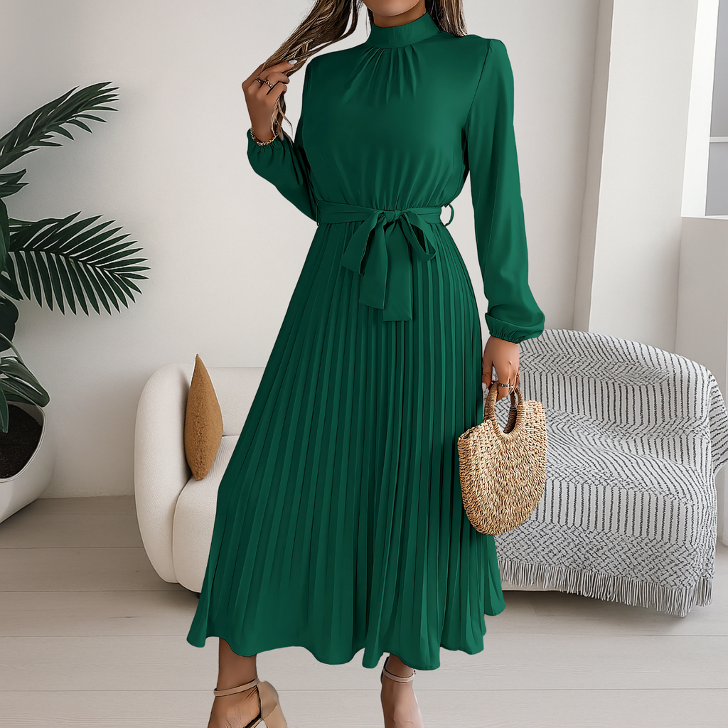 Women’s Midi Dress with Pleated Skirt and Tie Belt