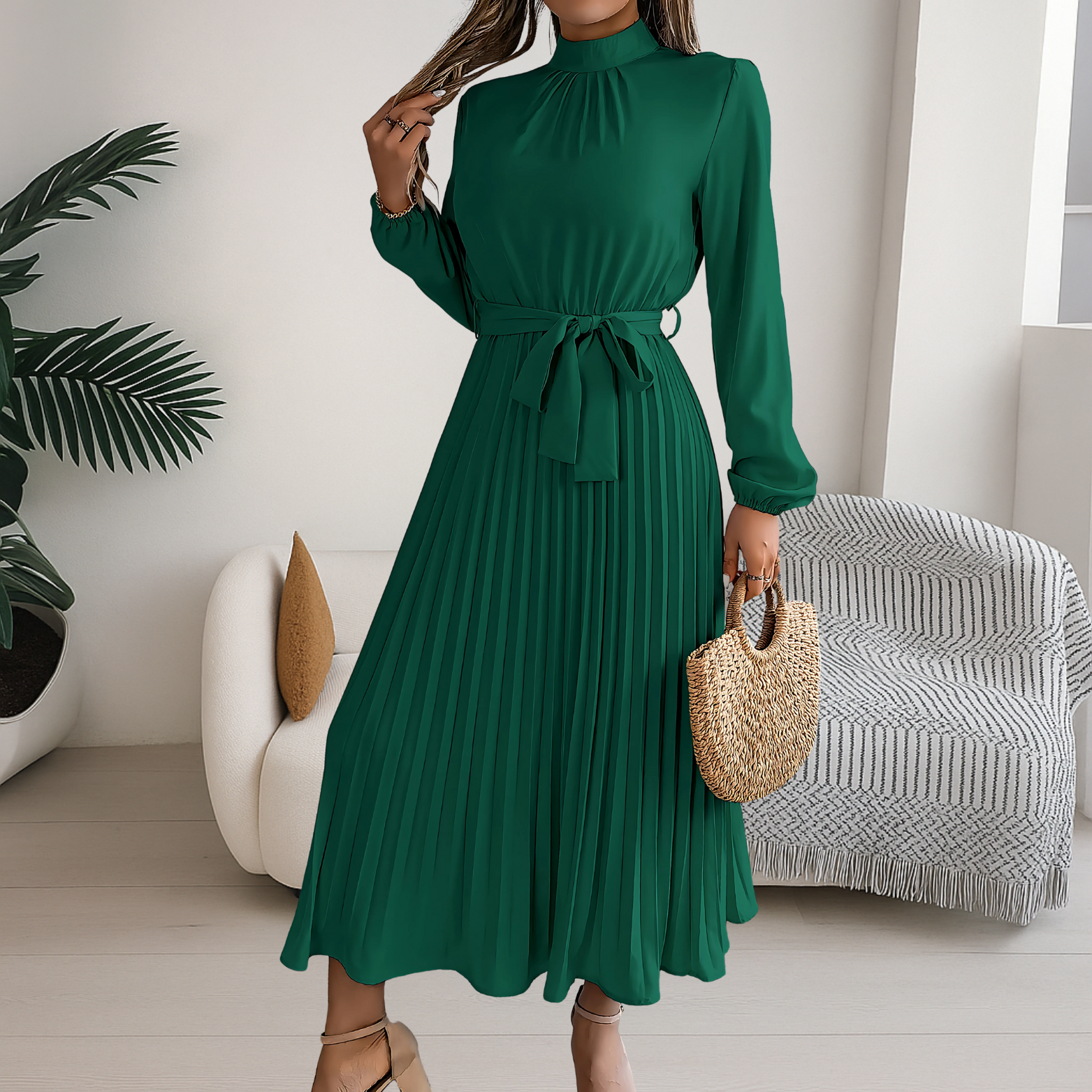 Women’s Midi Dress with Pleated Skirt and Tie Belt