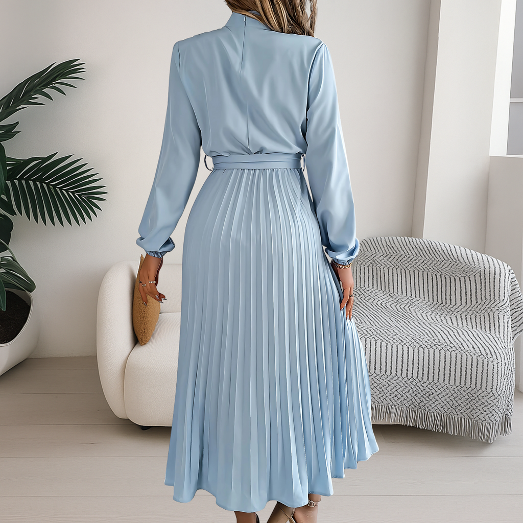 Women’s Midi Dress with Pleated Skirt and Tie Belt
