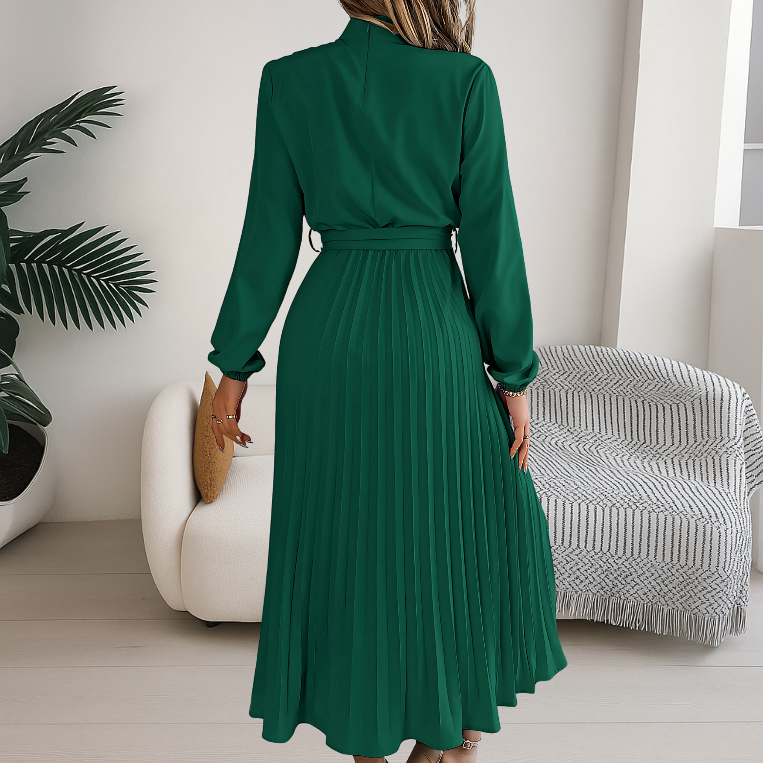 Women’s Midi Dress with Pleated Skirt and Tie Belt