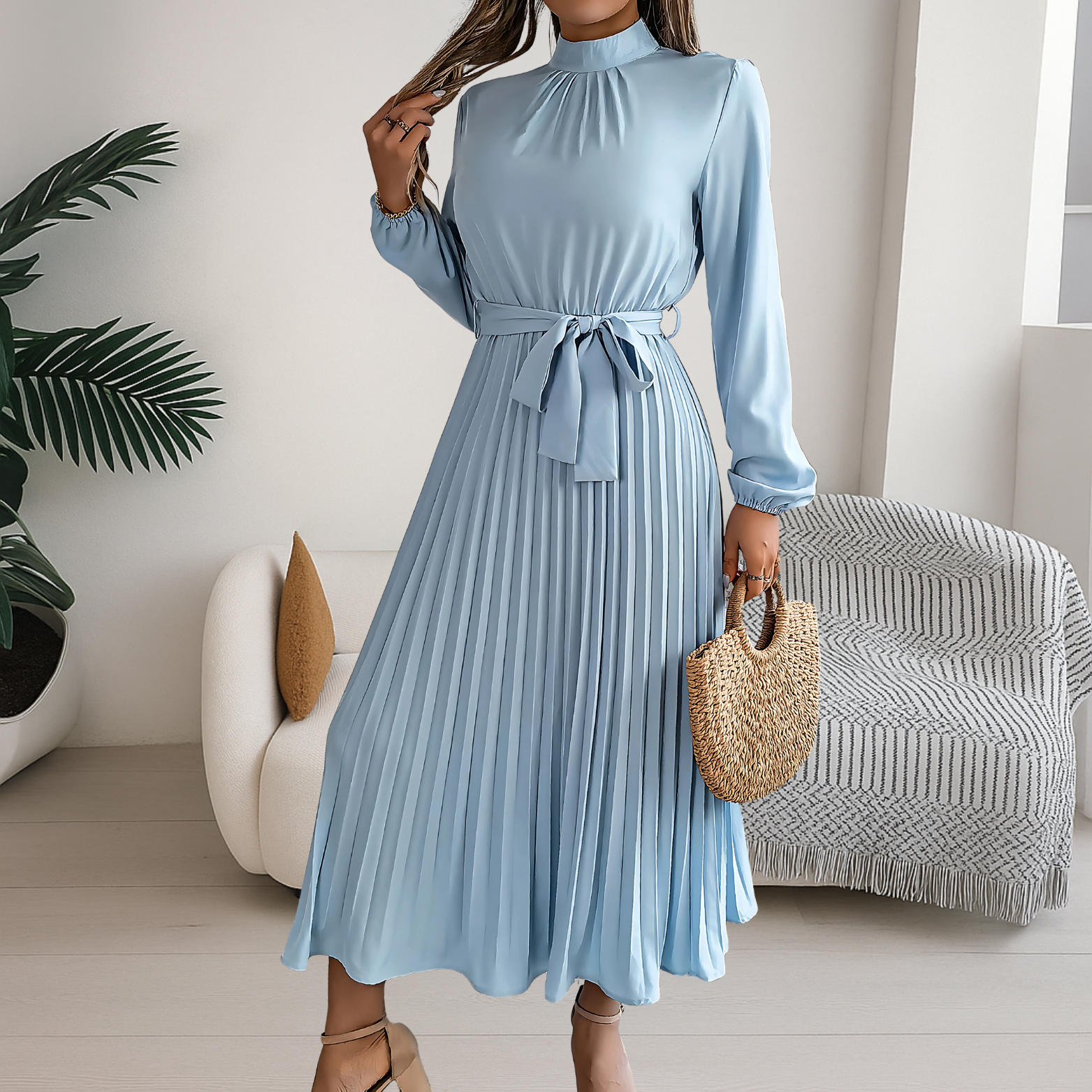 Women’s Midi Dress with Pleated Skirt and Tie Belt