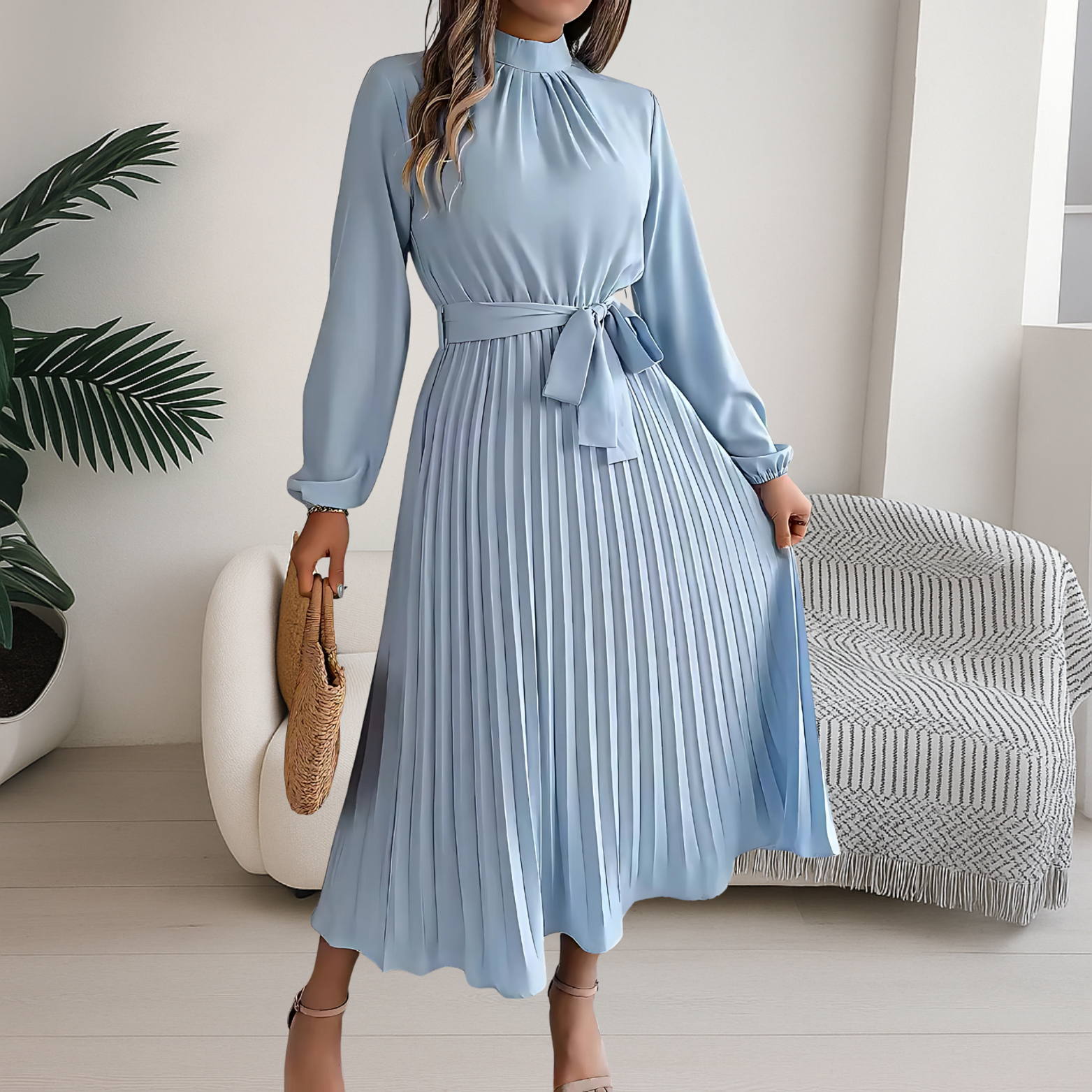 Women’s Midi Dress with Pleated Skirt and Tie Belt