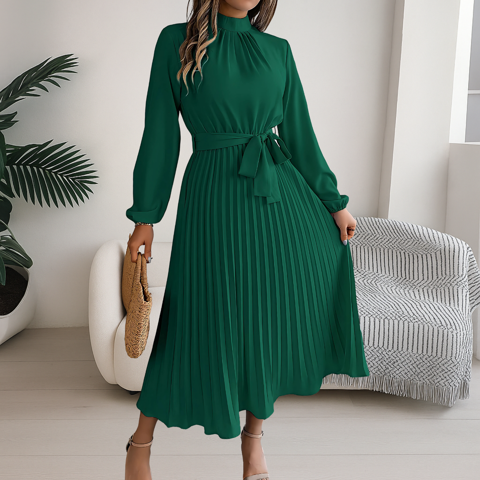 Women’s Midi Dress with Pleated Skirt and Tie Belt