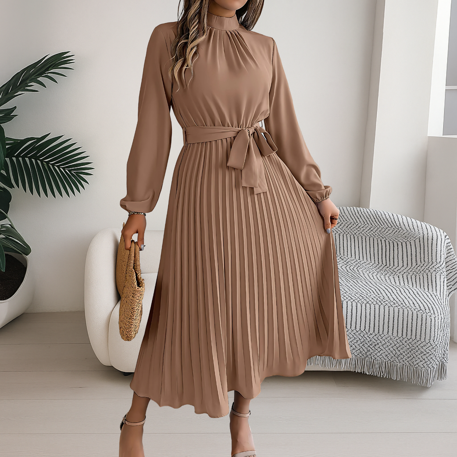 Women’s Midi Dress with Pleated Skirt and Tie Belt