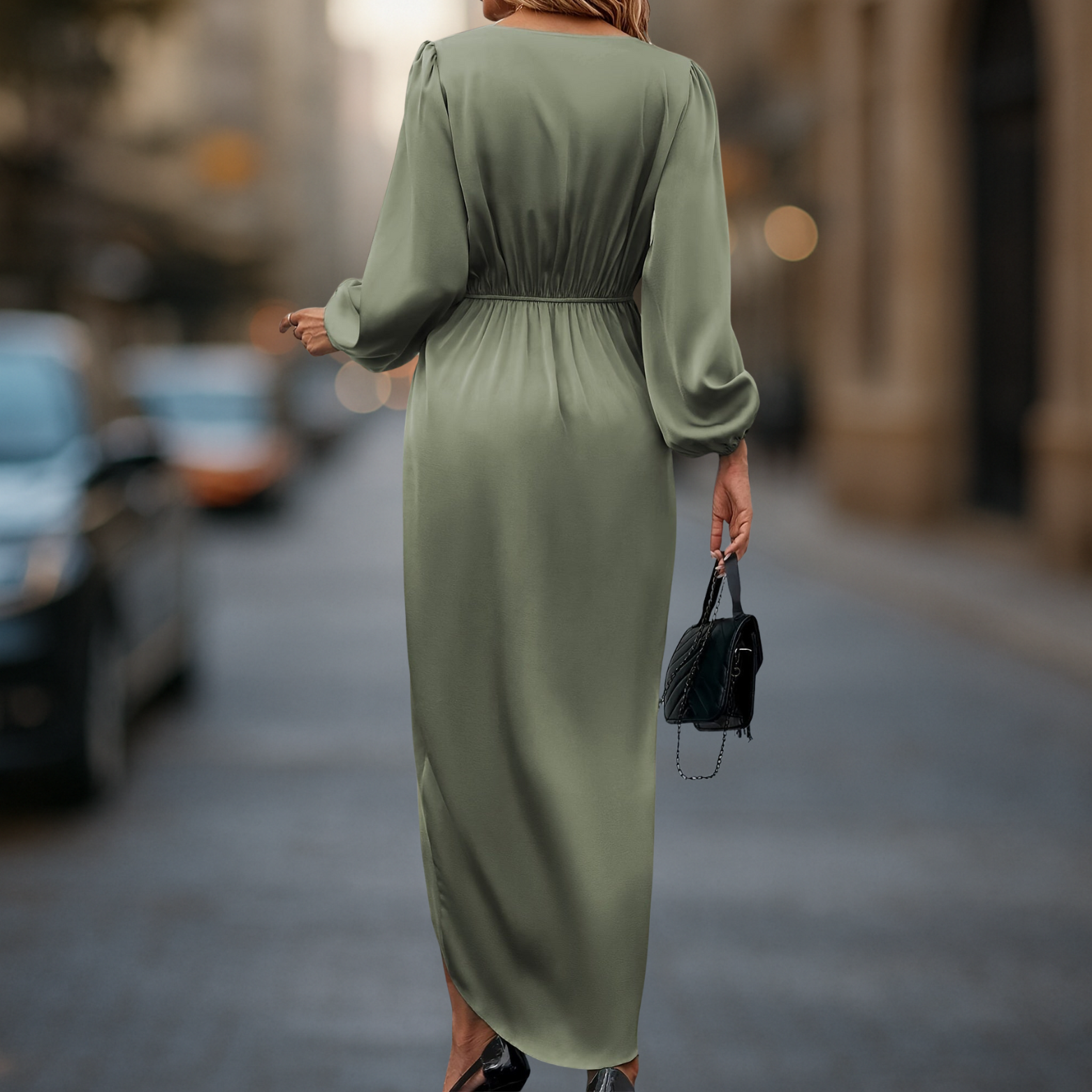 Satin Look Long Sleeve Waist Accent Women’s Dress