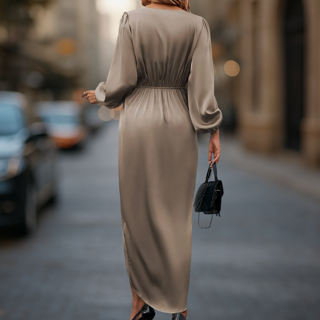 Satin Look Long Sleeve Waist Accent Women’s Dress