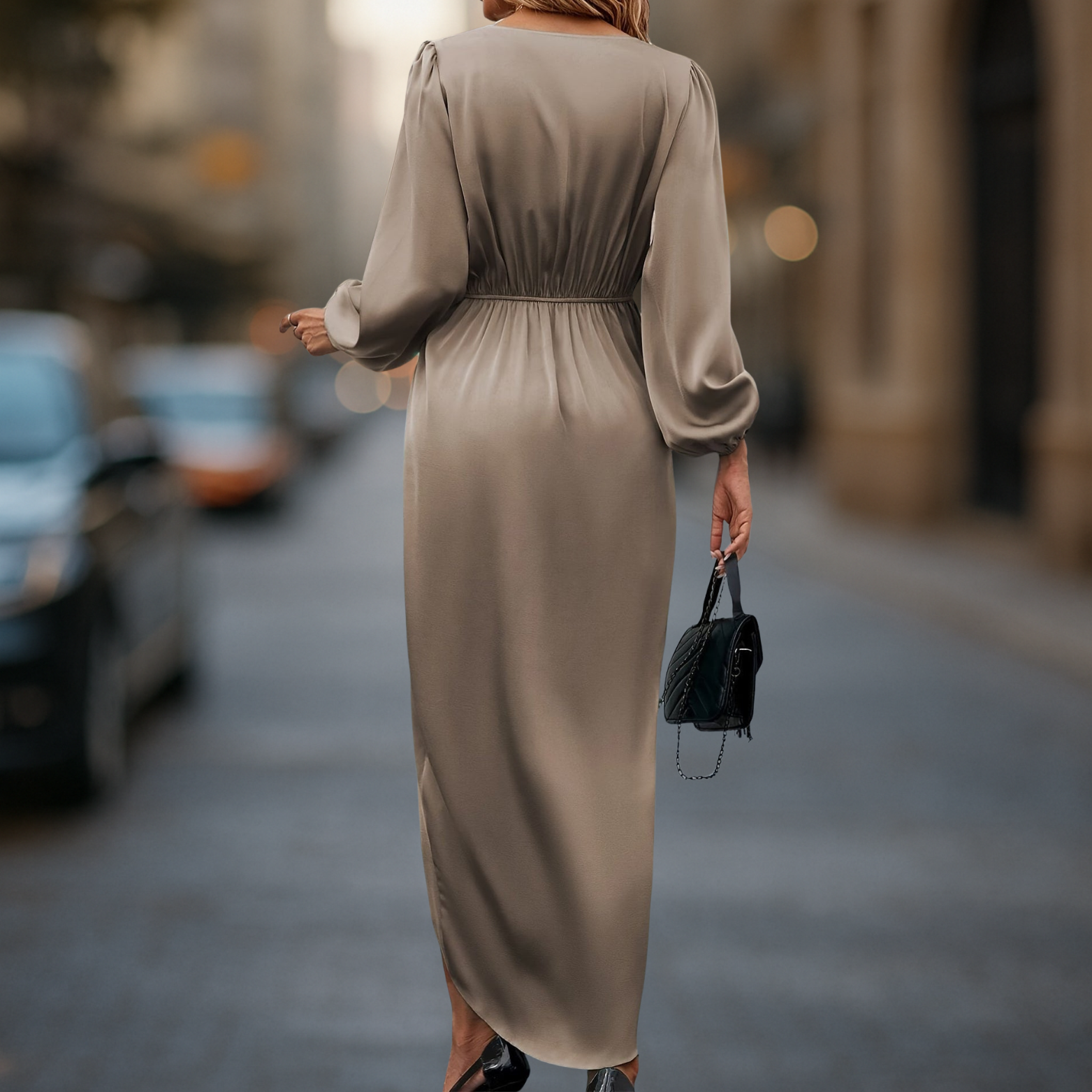 Satin Look Long Sleeve Waist Accent Women’s Dress