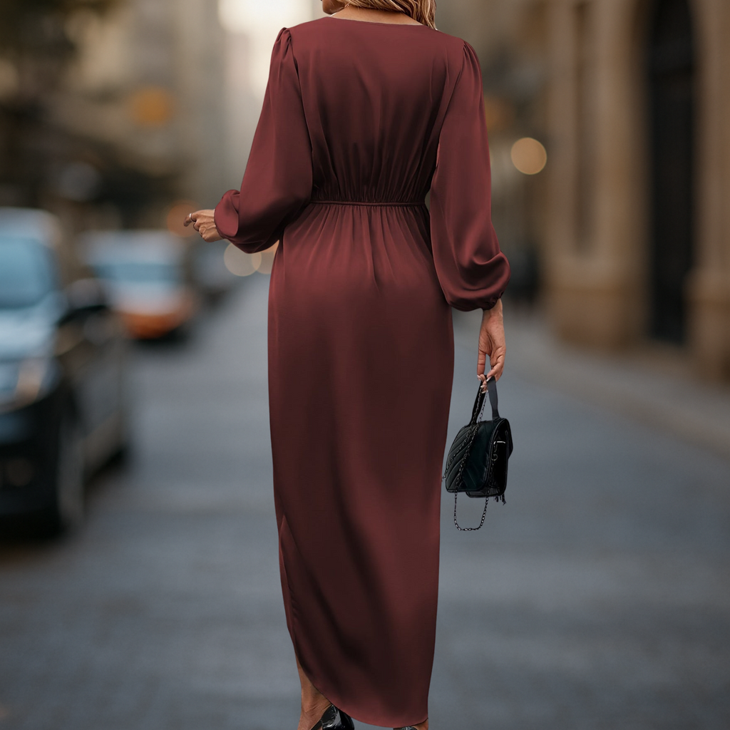 Satin Look Long Sleeve Waist Accent Women’s Dress