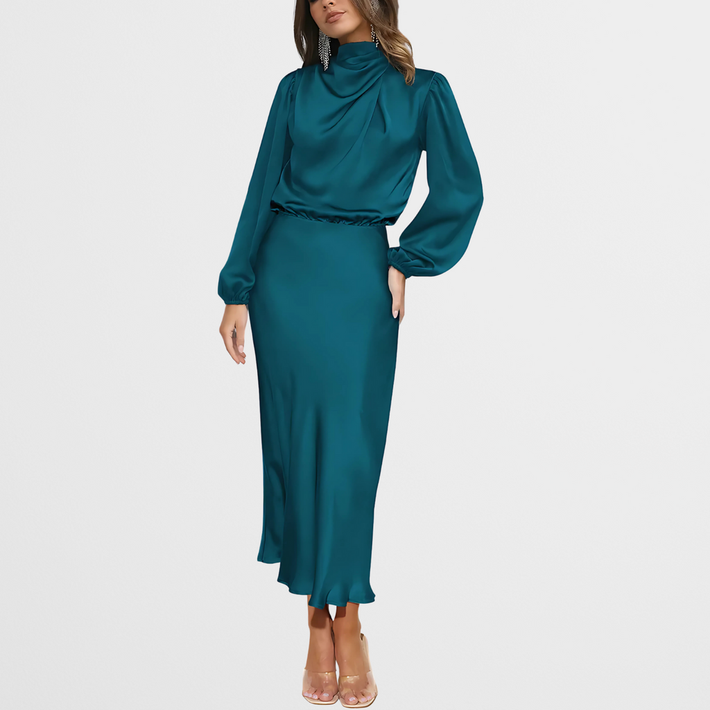 Satin Look Midi Dress with High Neck and Long Sleeves