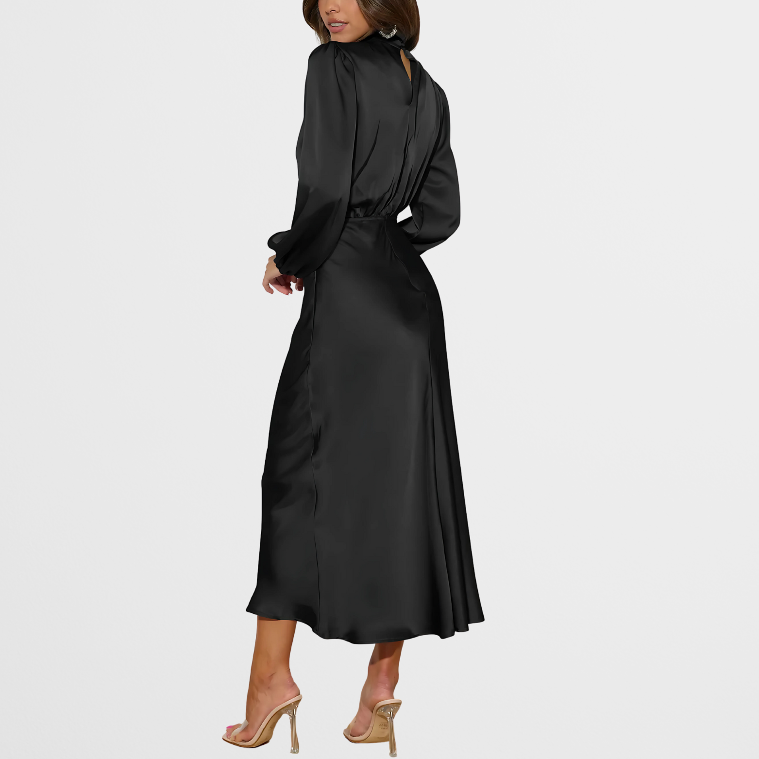Satin Look Midi Dress with High Neck and Long Sleeves