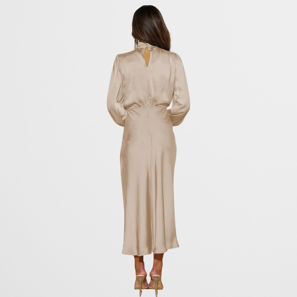 Satin Look Midi Dress with High Neck and Long Sleeves