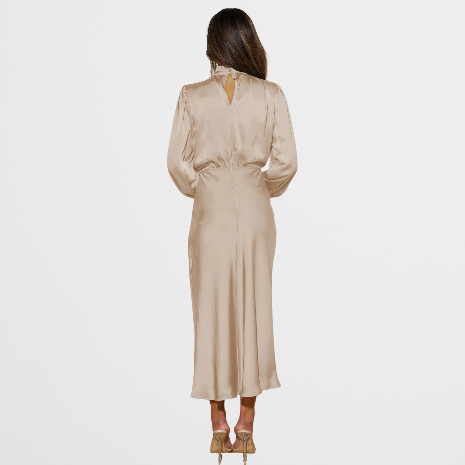 Satin Look Midi Dress with High Neck and Long Sleeves