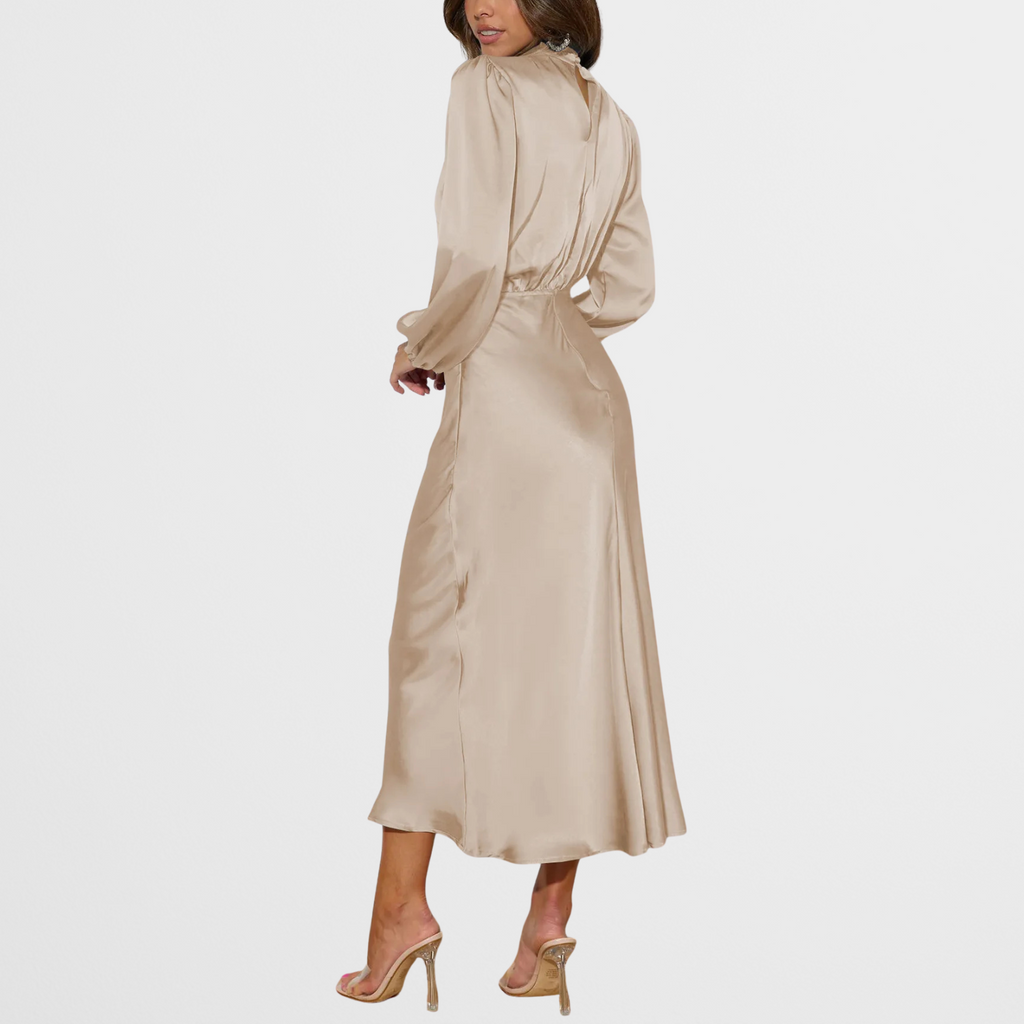 Satin Look Midi Dress with High Neck and Long Sleeves