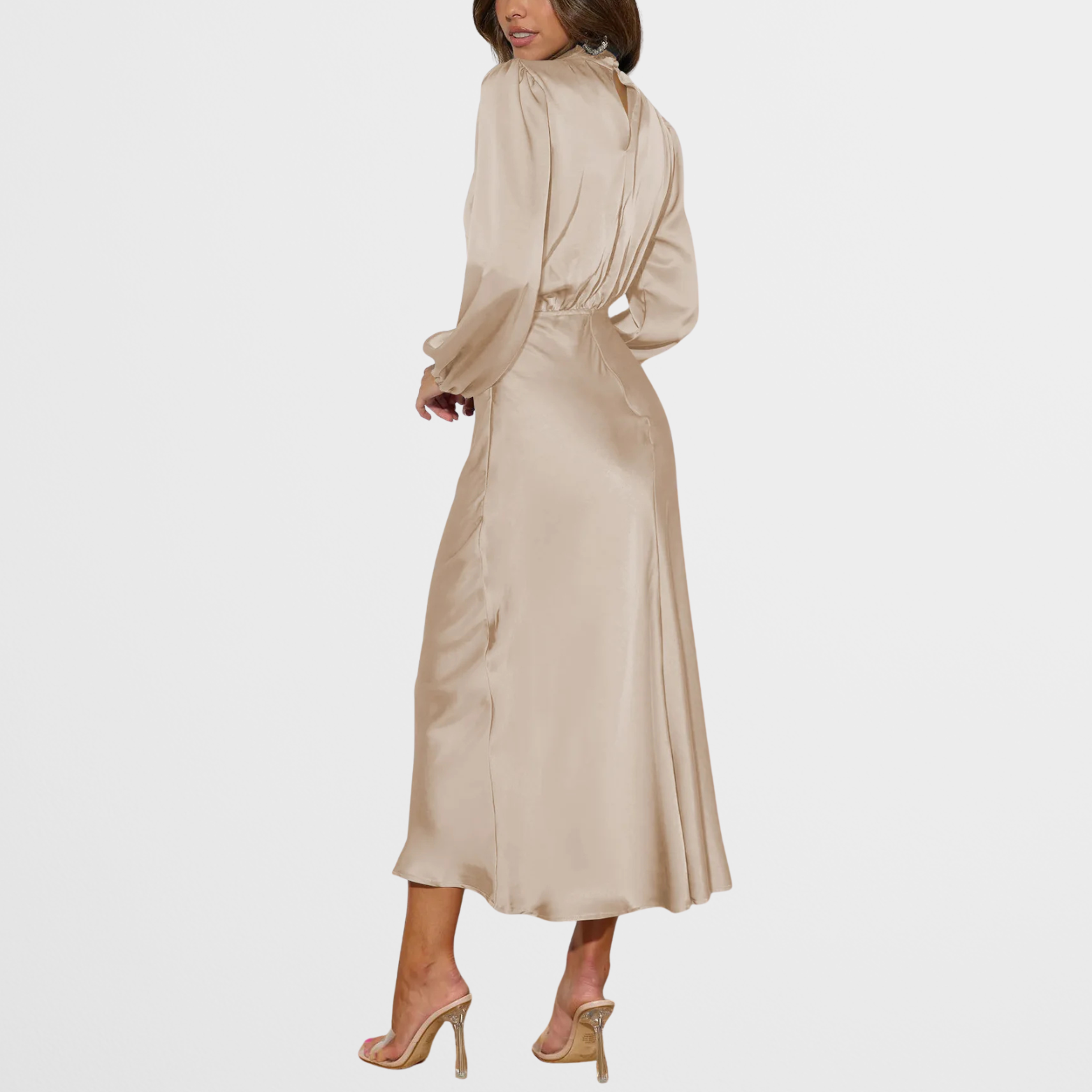 Satin Look Midi Dress with High Neck and Long Sleeves