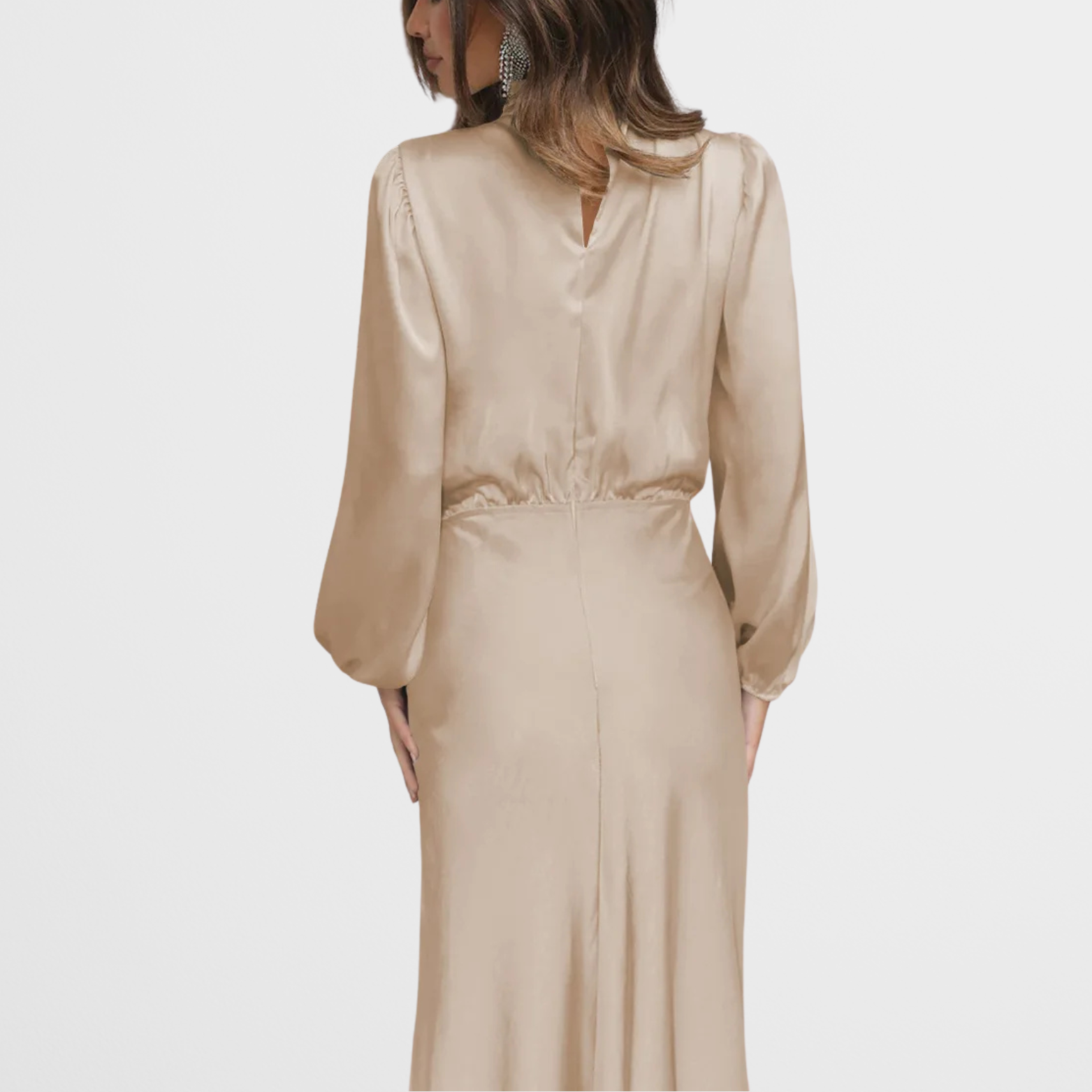 Satin Look Midi Dress with High Neck and Long Sleeves