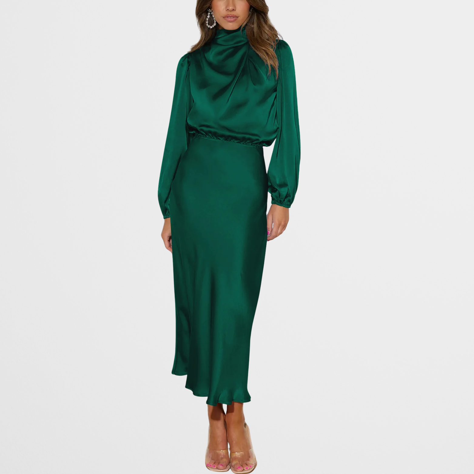 Satin Look Midi Dress with High Neck and Long Sleeves
