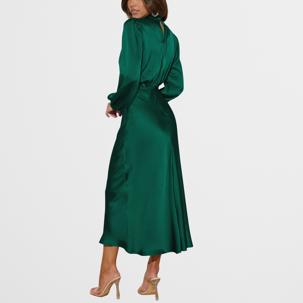 Satin Look Midi Dress with High Neck and Long Sleeves