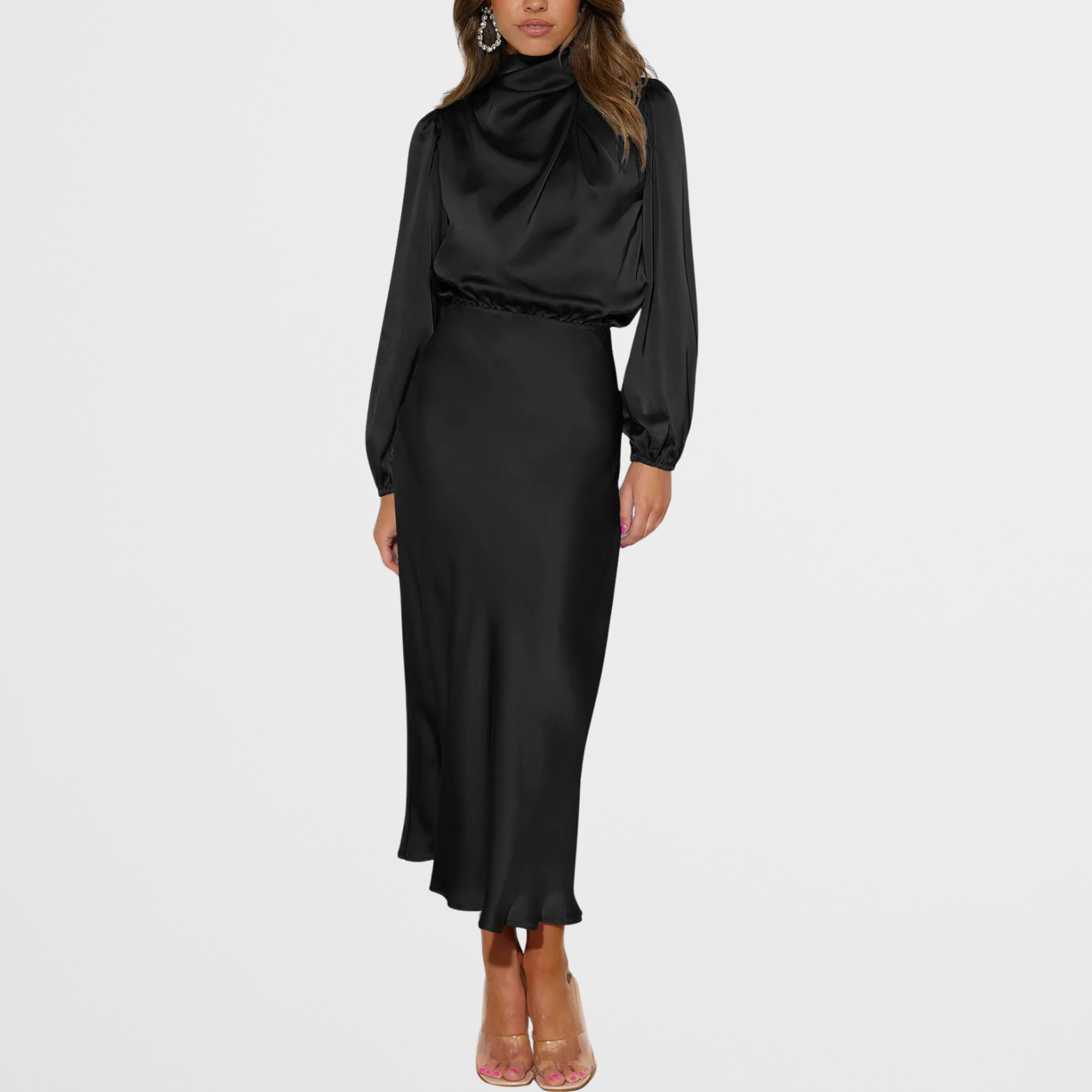 Satin Look Midi Dress with High Neck and Long Sleeves