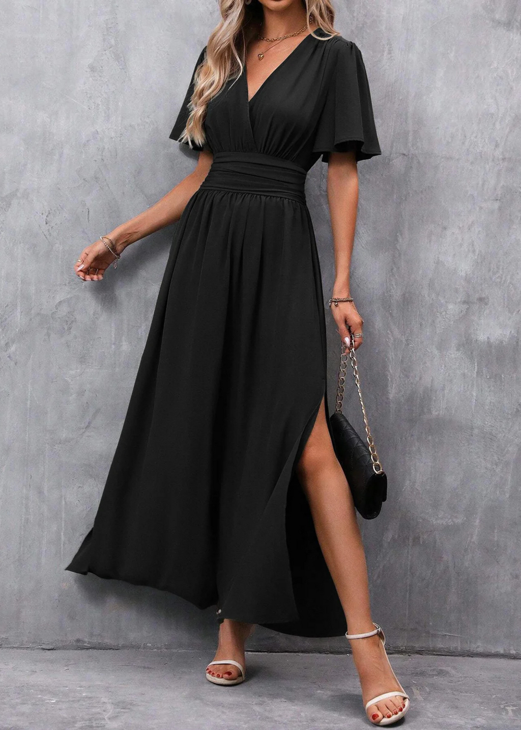 V Neck Side Split Maxi Dress