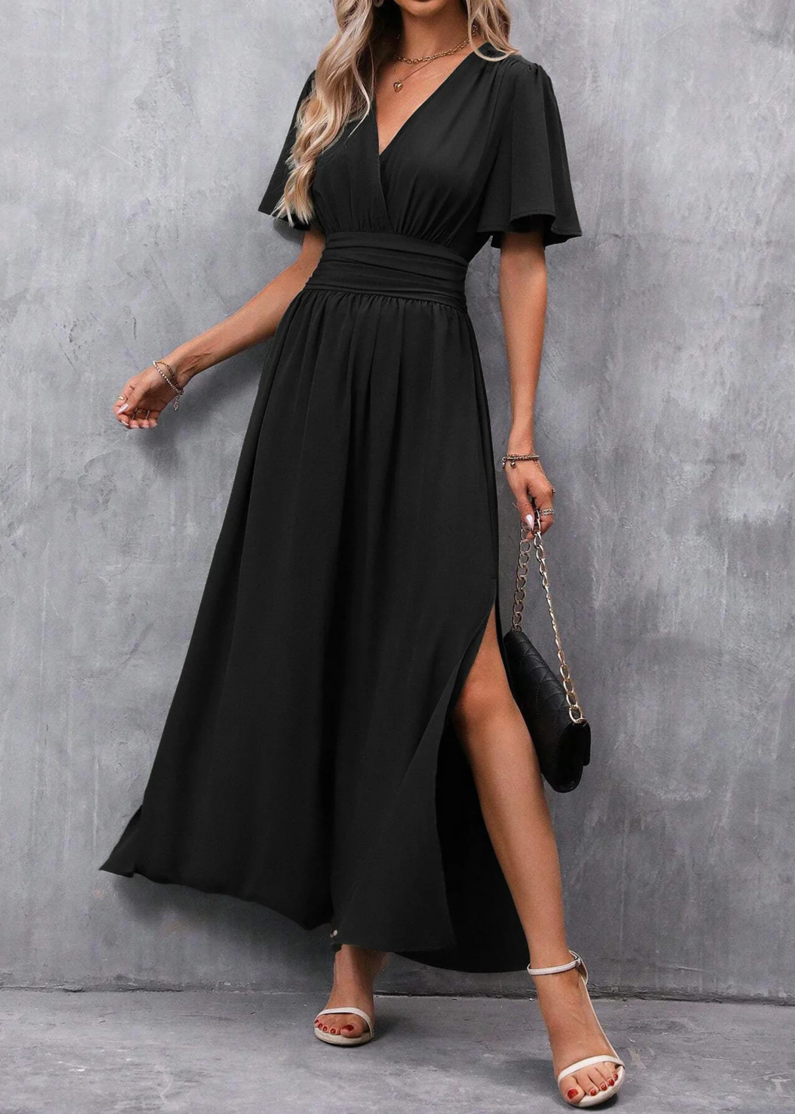 V Neck Side Split Maxi Dress