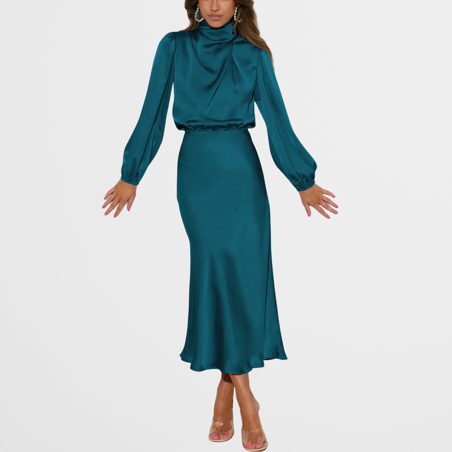 Satin Look Midi Dress with High Neck and Long Sleeves