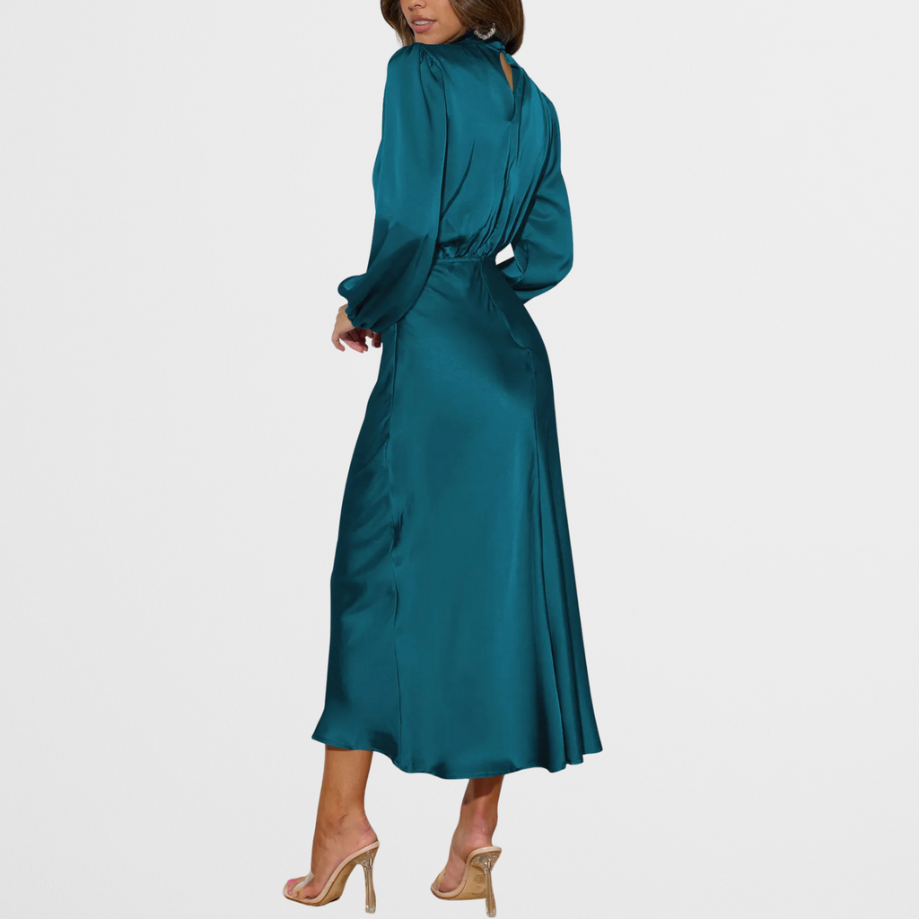 Satin Look Midi Dress with High Neck and Long Sleeves