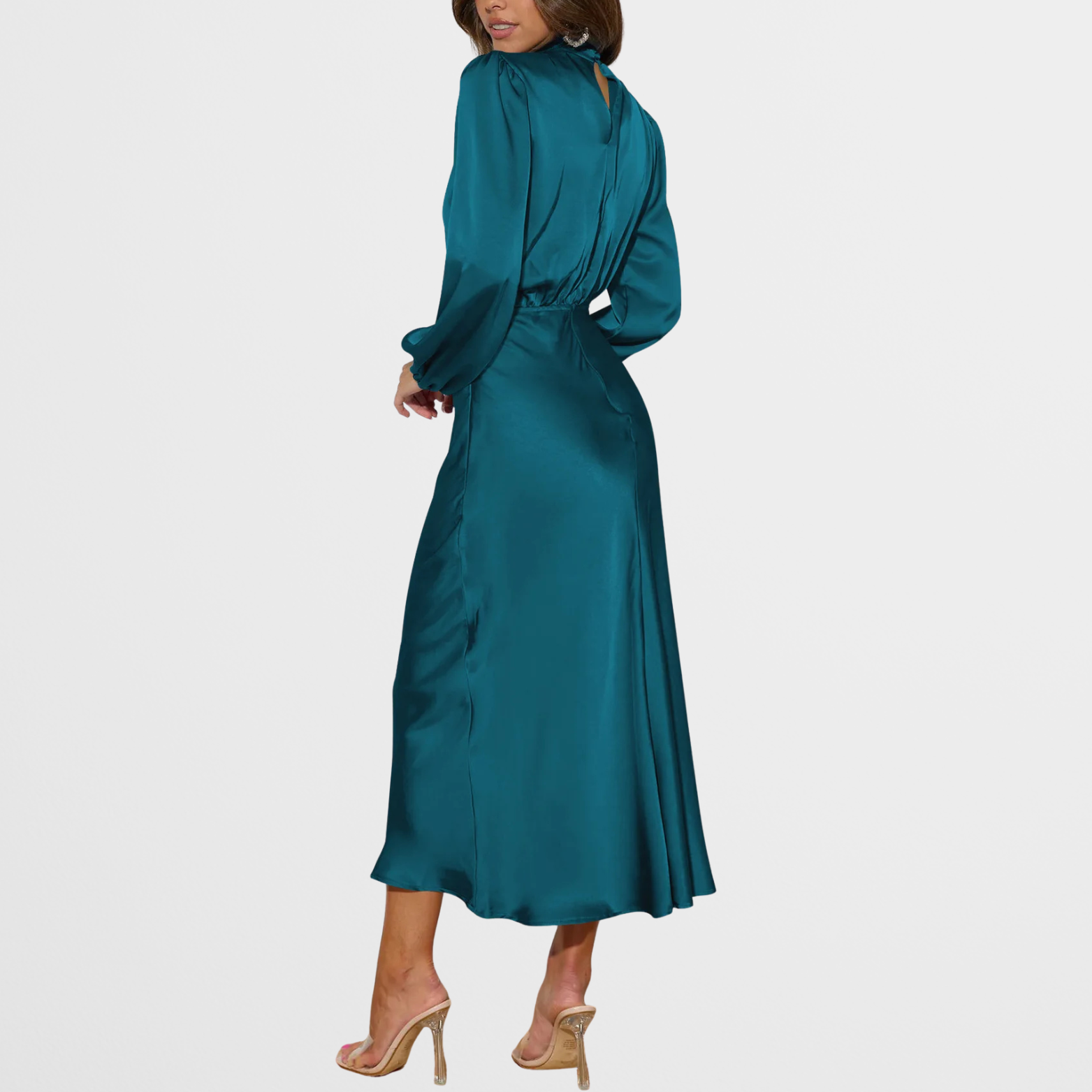Satin Look Midi Dress with High Neck and Long Sleeves