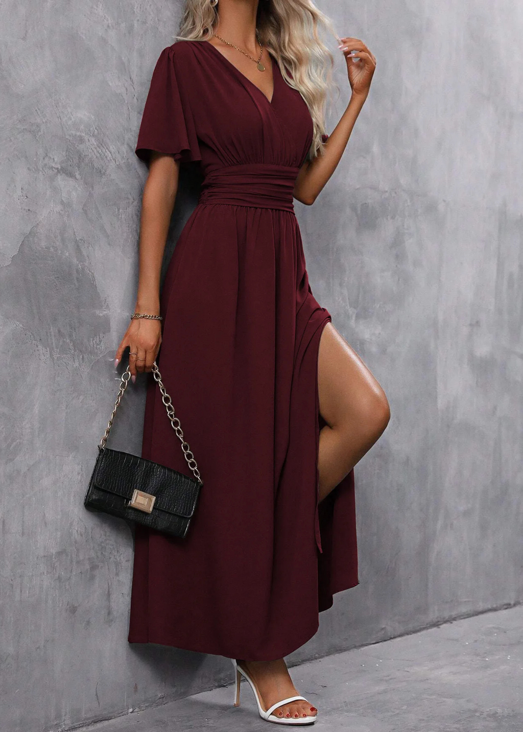 V Neck Side Split Maxi Dress