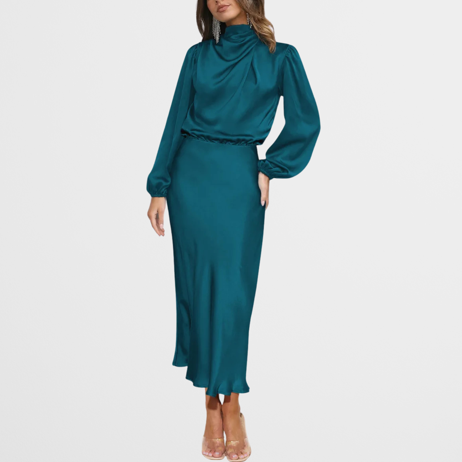 Satin Look Midi Dress with High Neck and Long Sleeves
