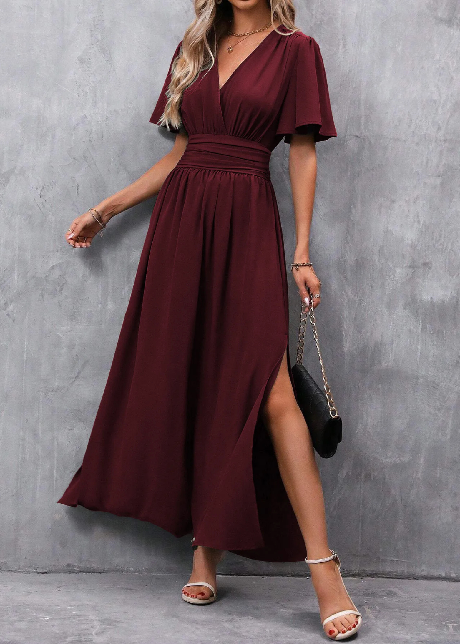 V Neck Side Split Maxi Dress