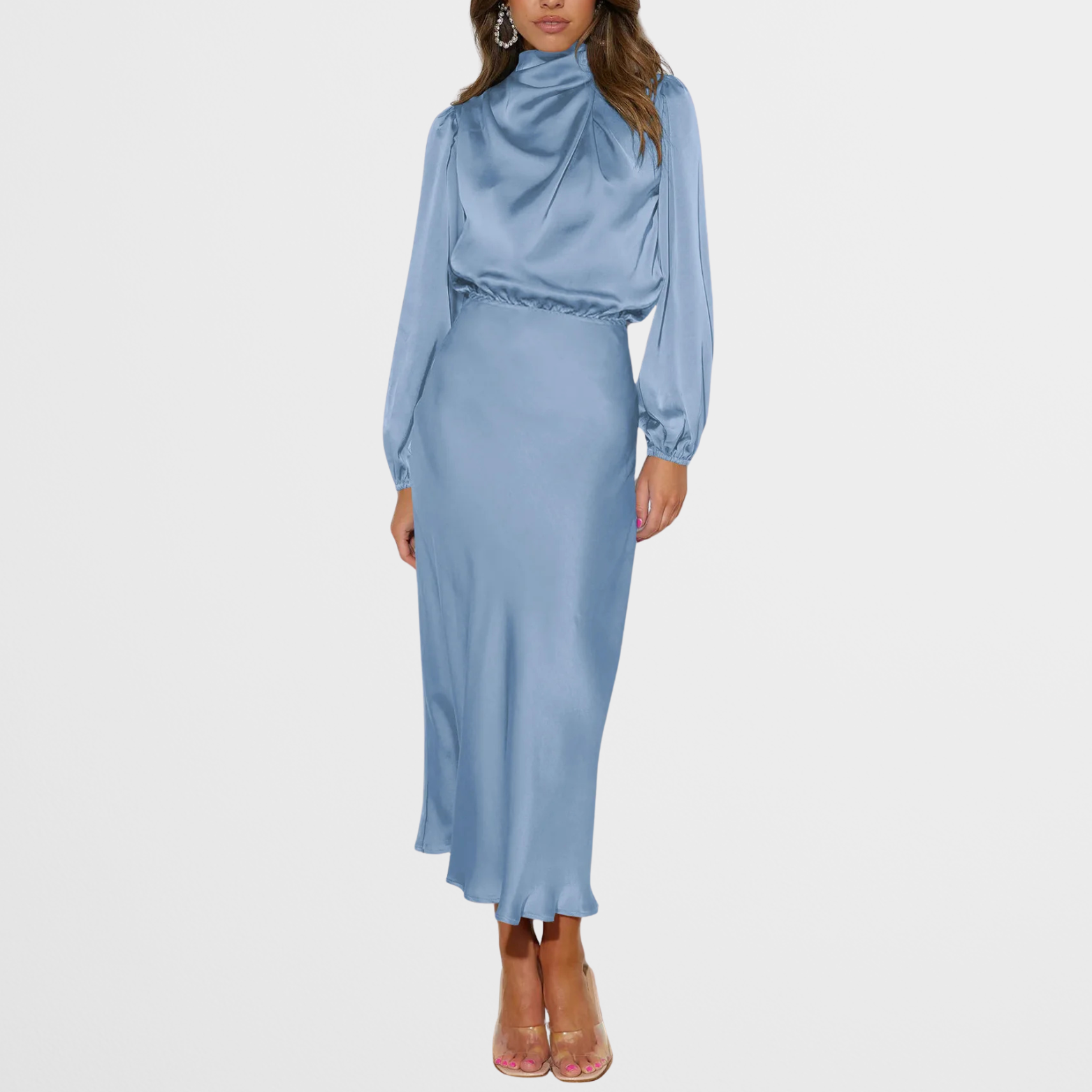Satin Look Midi Dress with High Neck and Long Sleeves