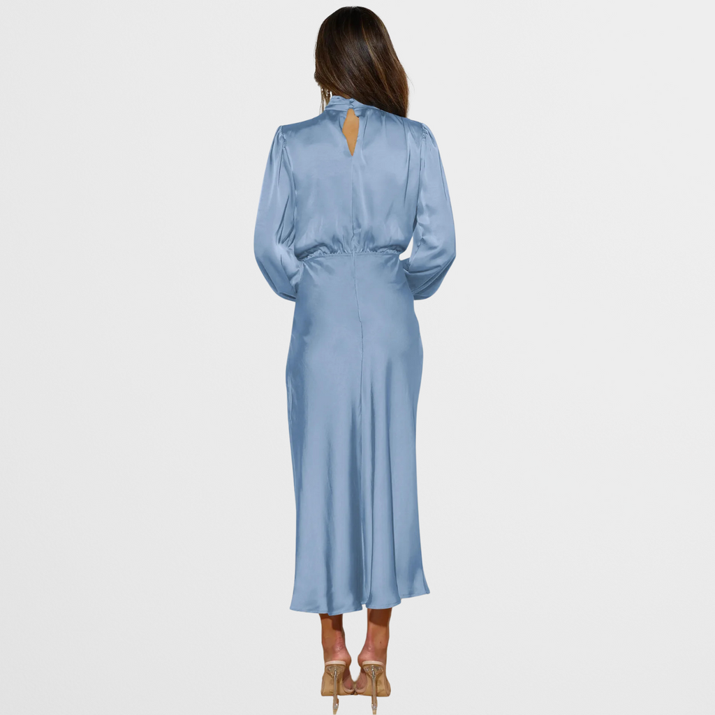 Satin Look Midi Dress with High Neck and Long Sleeves