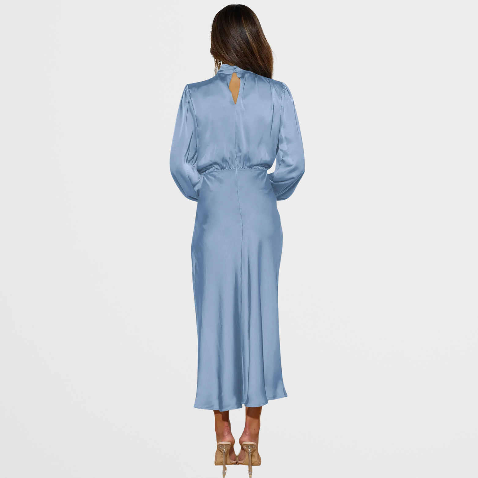 Satin Look Midi Dress with High Neck and Long Sleeves