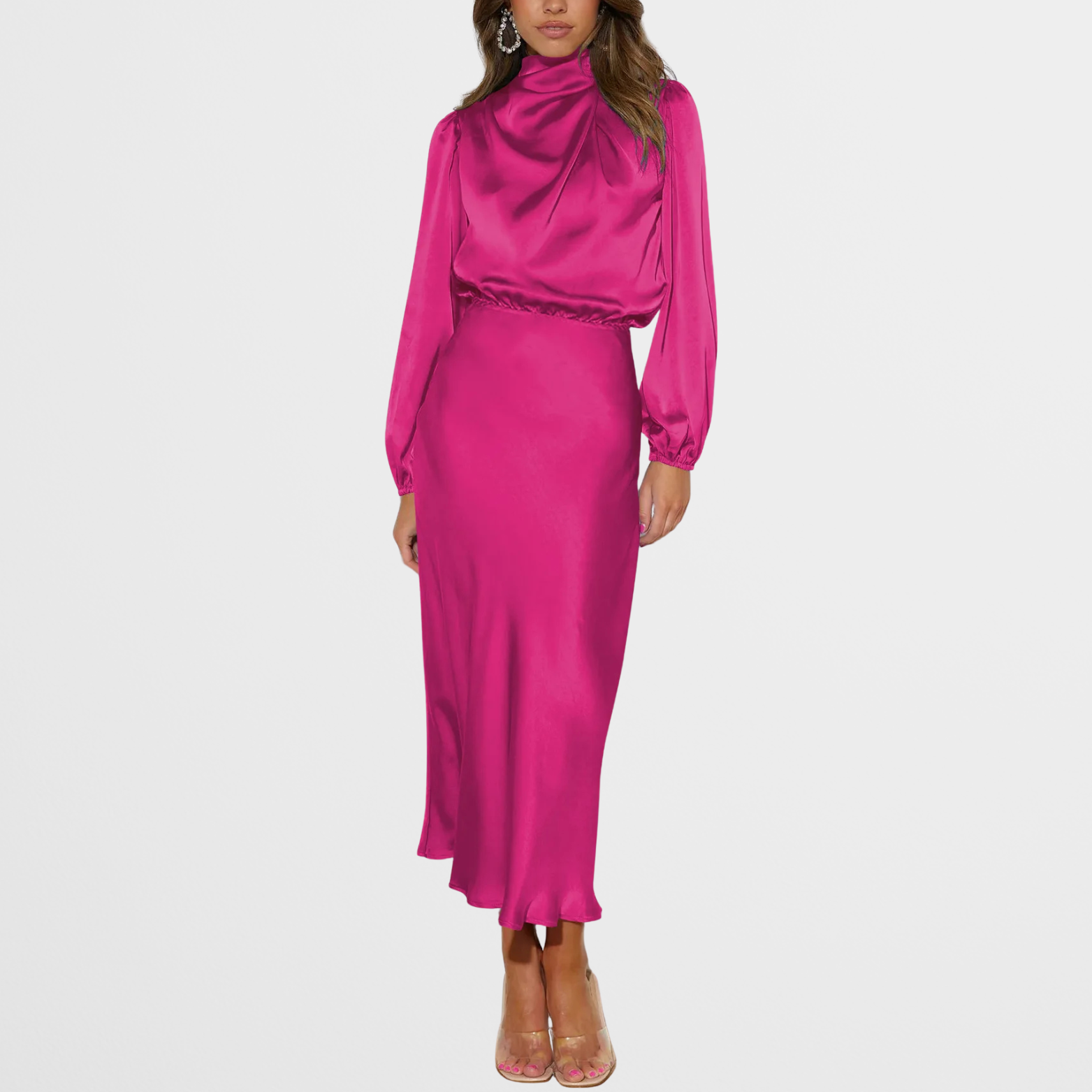 Satin Look Midi Dress with High Neck and Long Sleeves