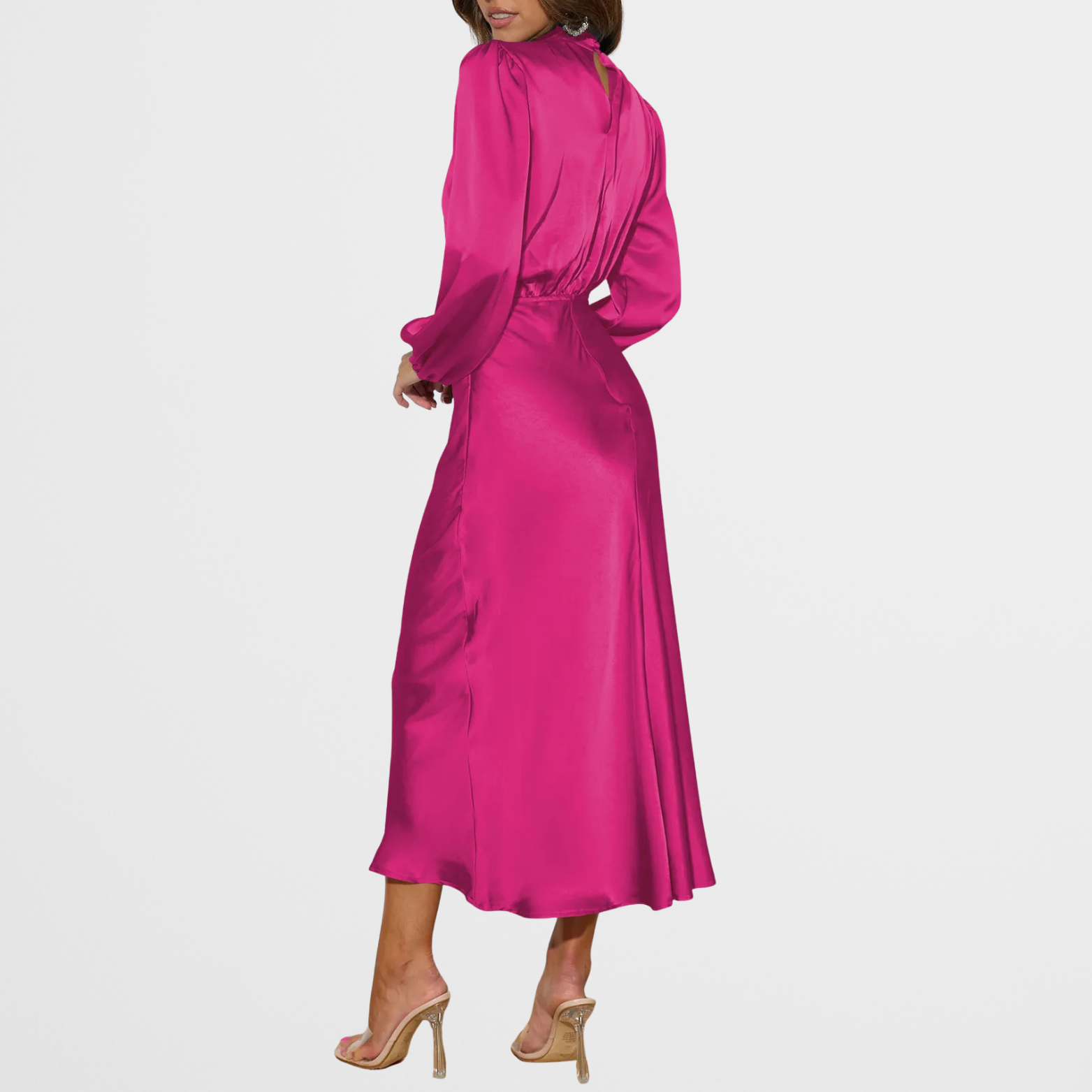 Satin Look Midi Dress with High Neck and Long Sleeves