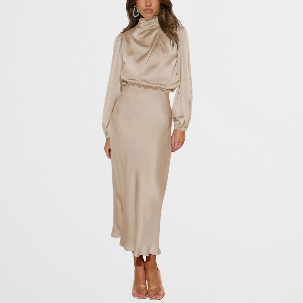 Satin Look Midi Dress with High Neck and Long Sleeves