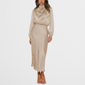 Satin Look Midi Dress with High Neck and Long Sleeves
