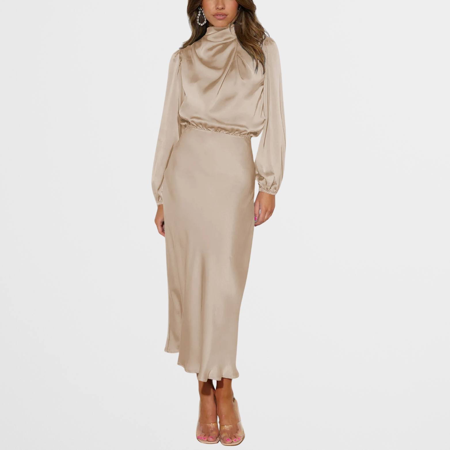 Satin Look Midi Dress with High Neck and Long Sleeves