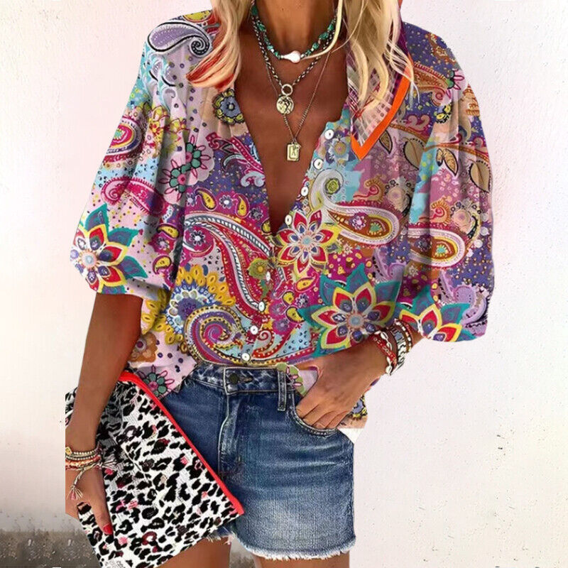 Floral Button Closure Comfortable Half Sleeve Women's Blouse