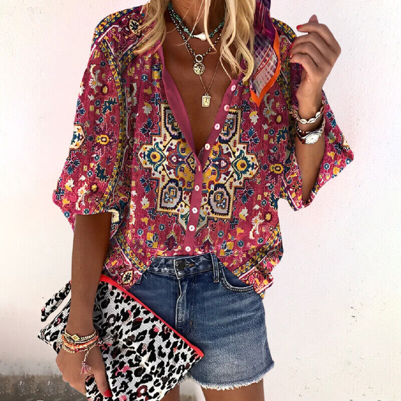 Floral Button Closure Comfortable Half Sleeve Women's Blouse