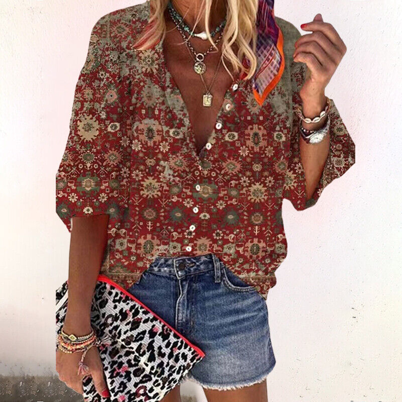 Floral Button Closure Comfortable Half Sleeve Women's Blouse
