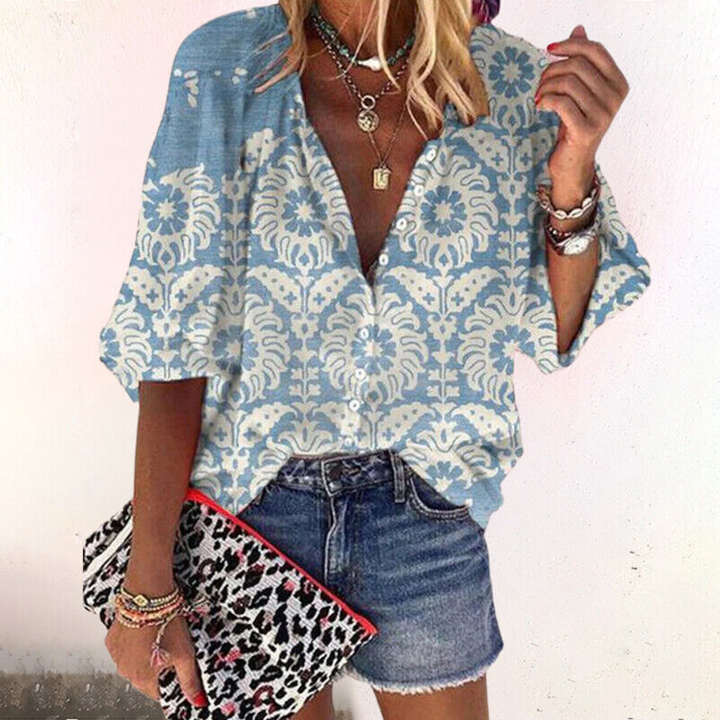 Floral Button Closure Comfortable Half Sleeve Women's Blouse