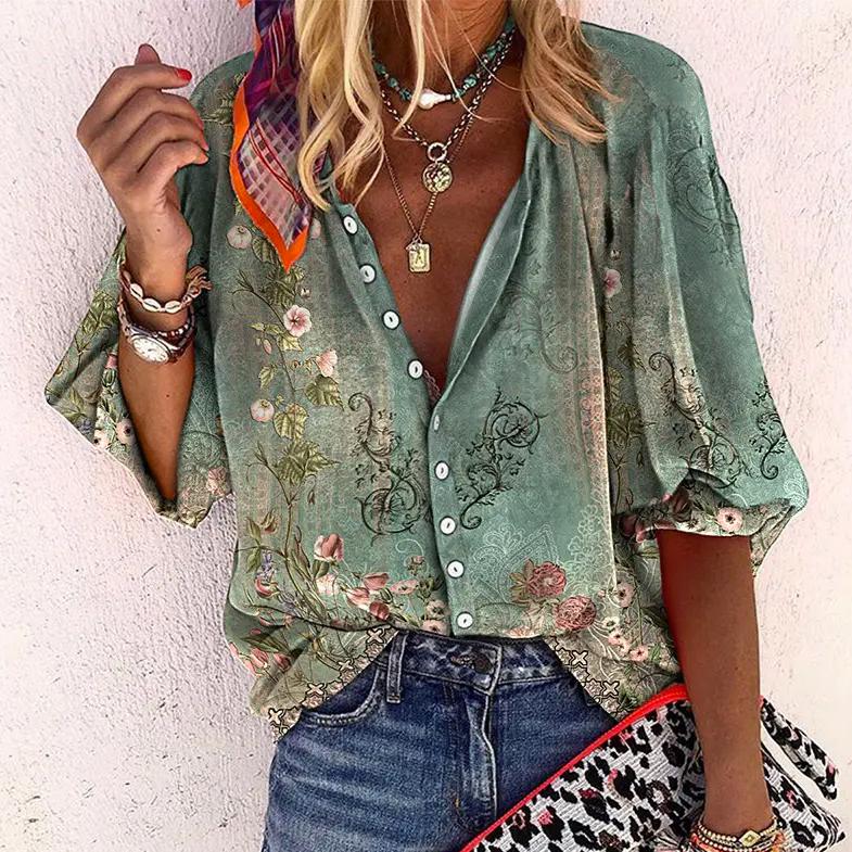 Floral Button Closure Comfortable Half Sleeve Women's Blouse