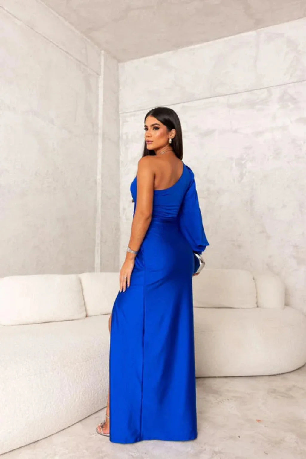 Women’s One Shoulder Satin Look Dress with Draping and Split